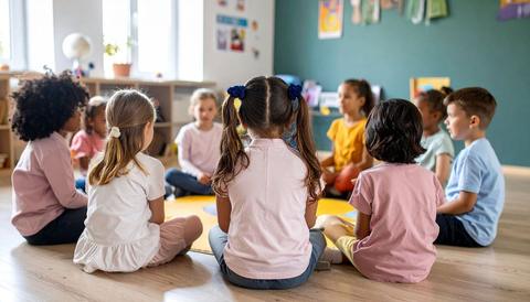 Children sitting in a circle on a classroom floor, seen from behind